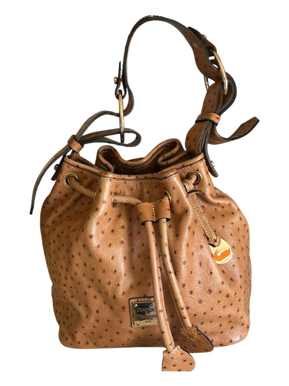 Dooney & Bourke Tan Ostrich-Embossed Drawstring Bucket Bag